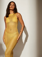 Yellow Sequin Crochet Racer Maxi Dress-Pink Waters 