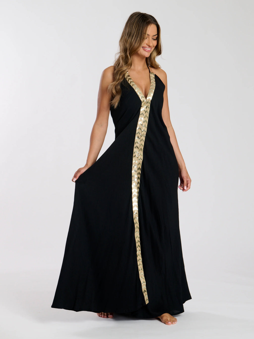 V Neck Maxi Dress With Sequin Trim-Pink Waters 