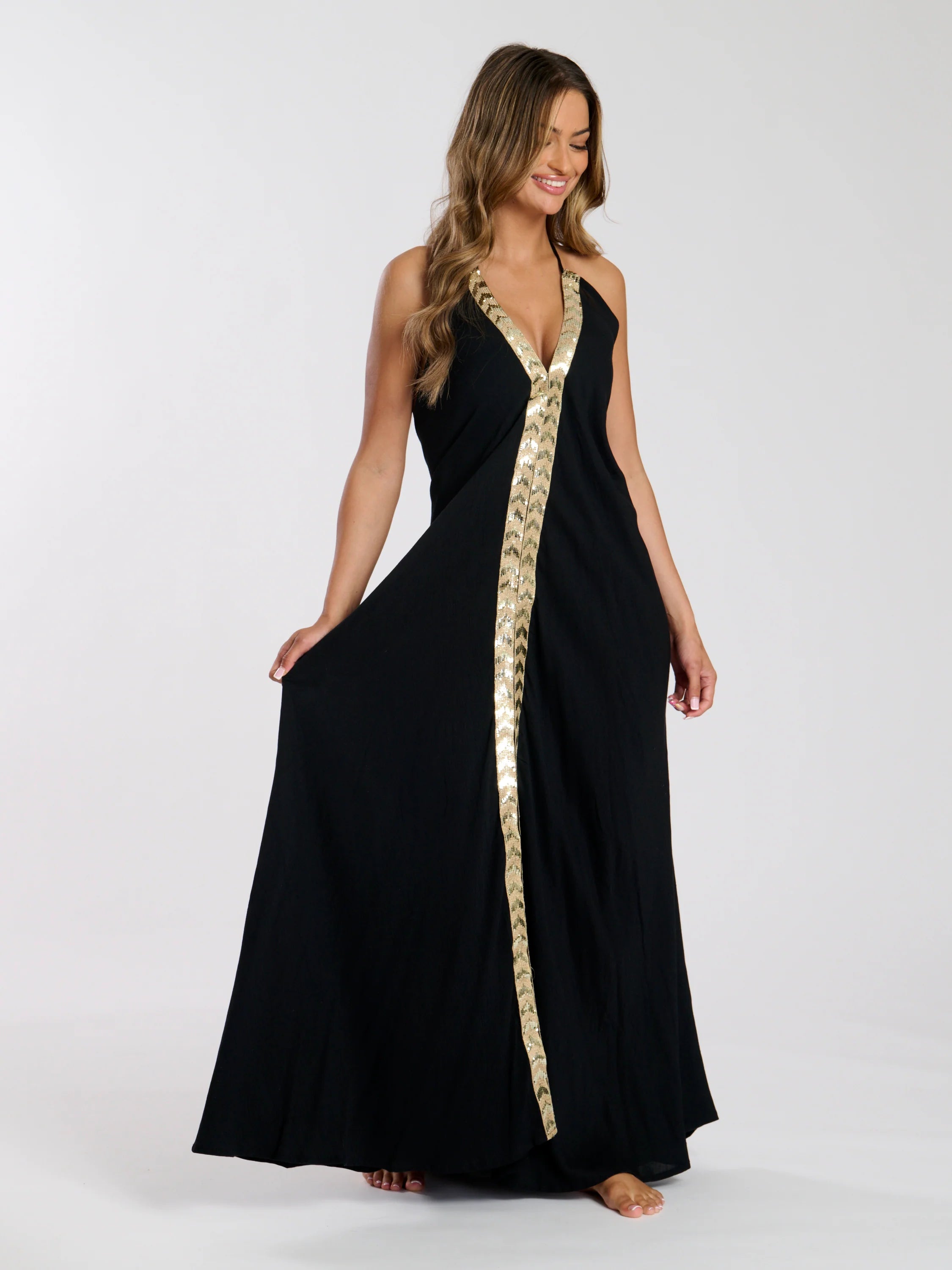 V Neck Maxi Dress With Sequin Trim-Pink Waters 