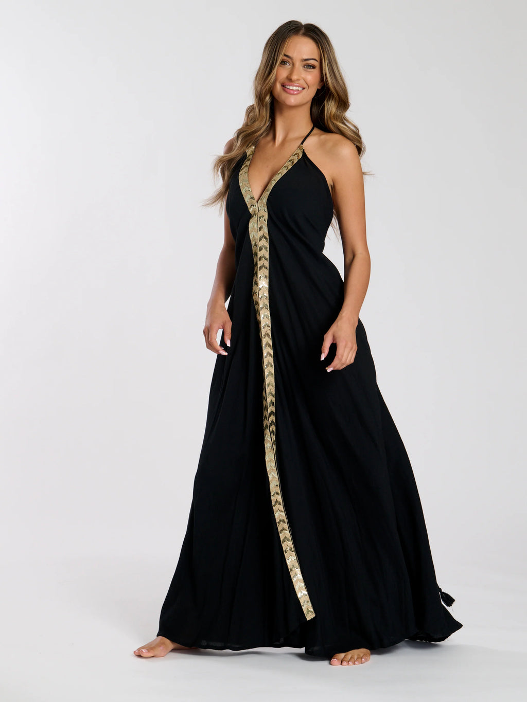 V Neck Maxi Dress With Sequin Trim-Pink Waters 