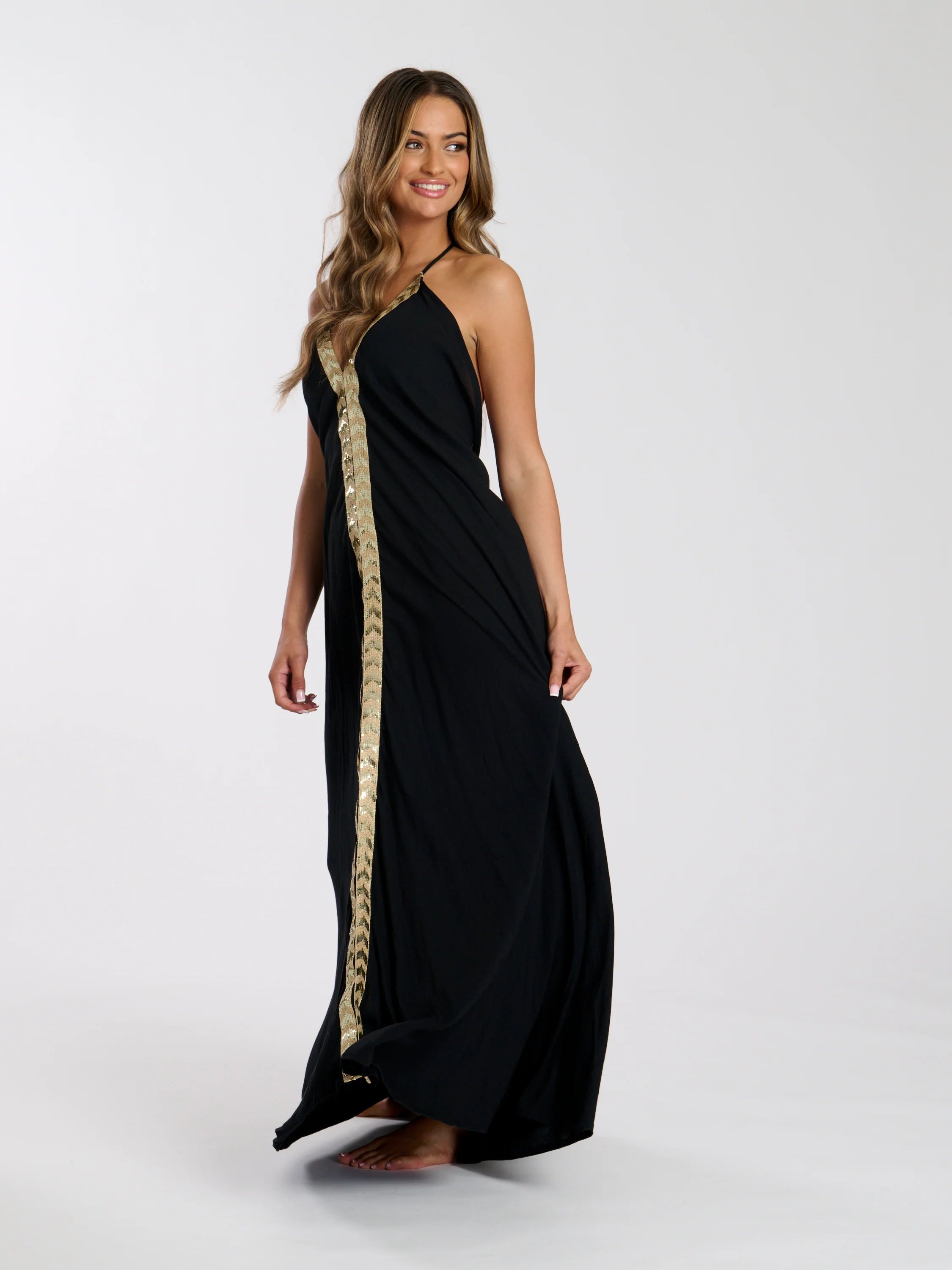 V Neck Maxi Dress With Sequin Trim-Pink Waters 