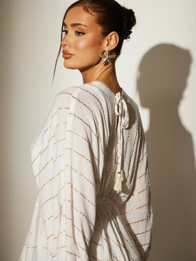 White V Neck Sequin Metallic Stripe Mini Dress