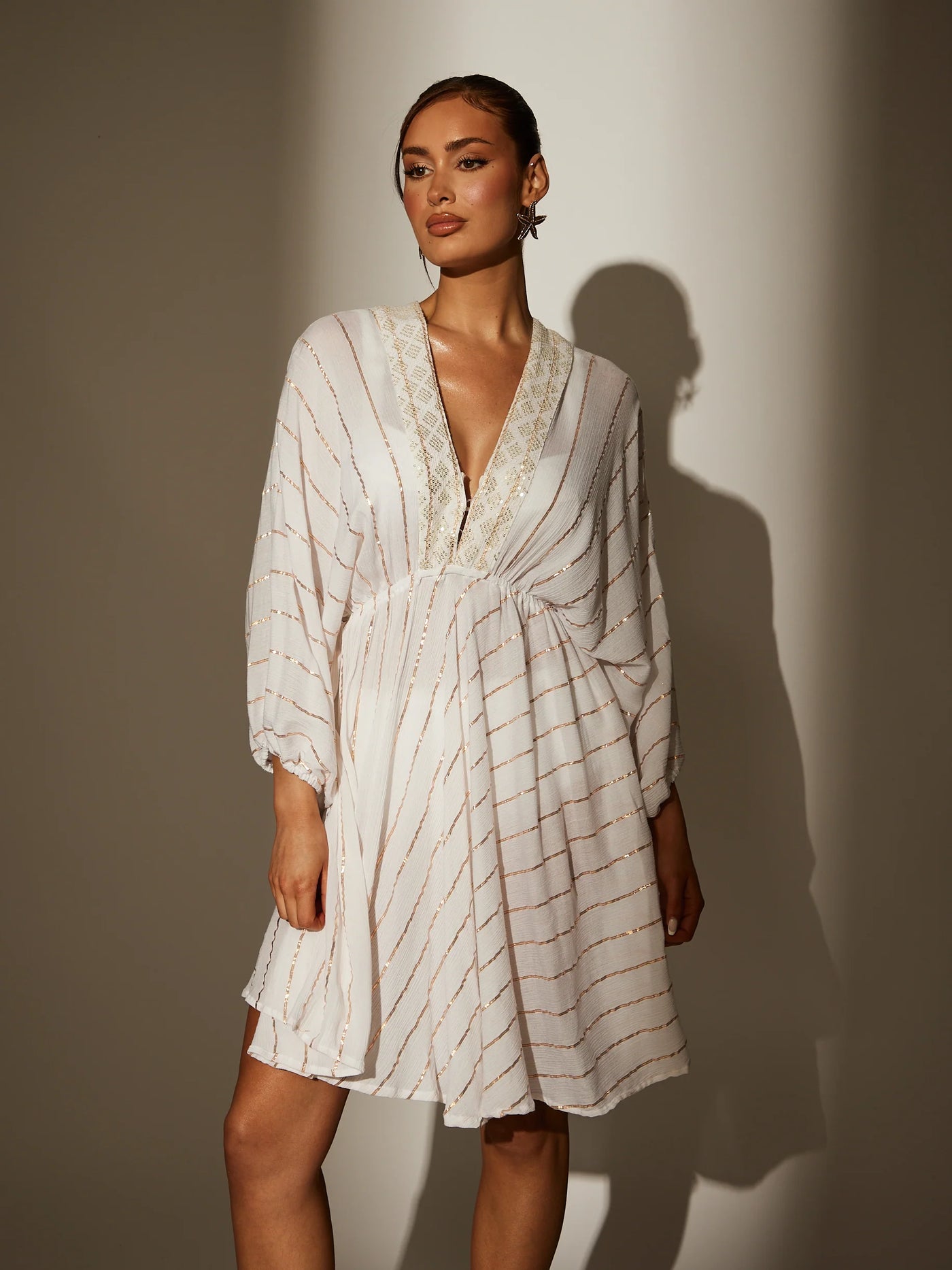 White V Neck Sequin Metallic Stripe Mini Dress