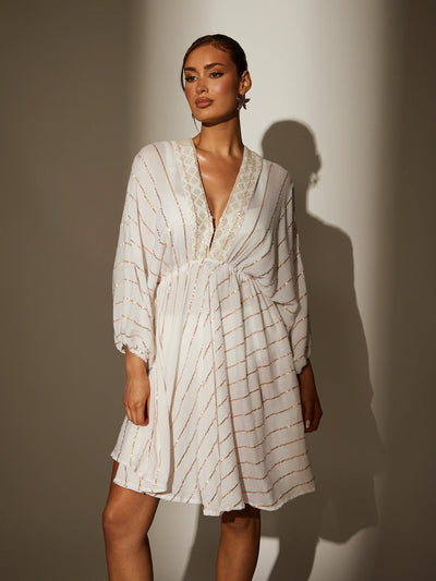 White V Neck Sequin Metallic Stripe Mini Dress