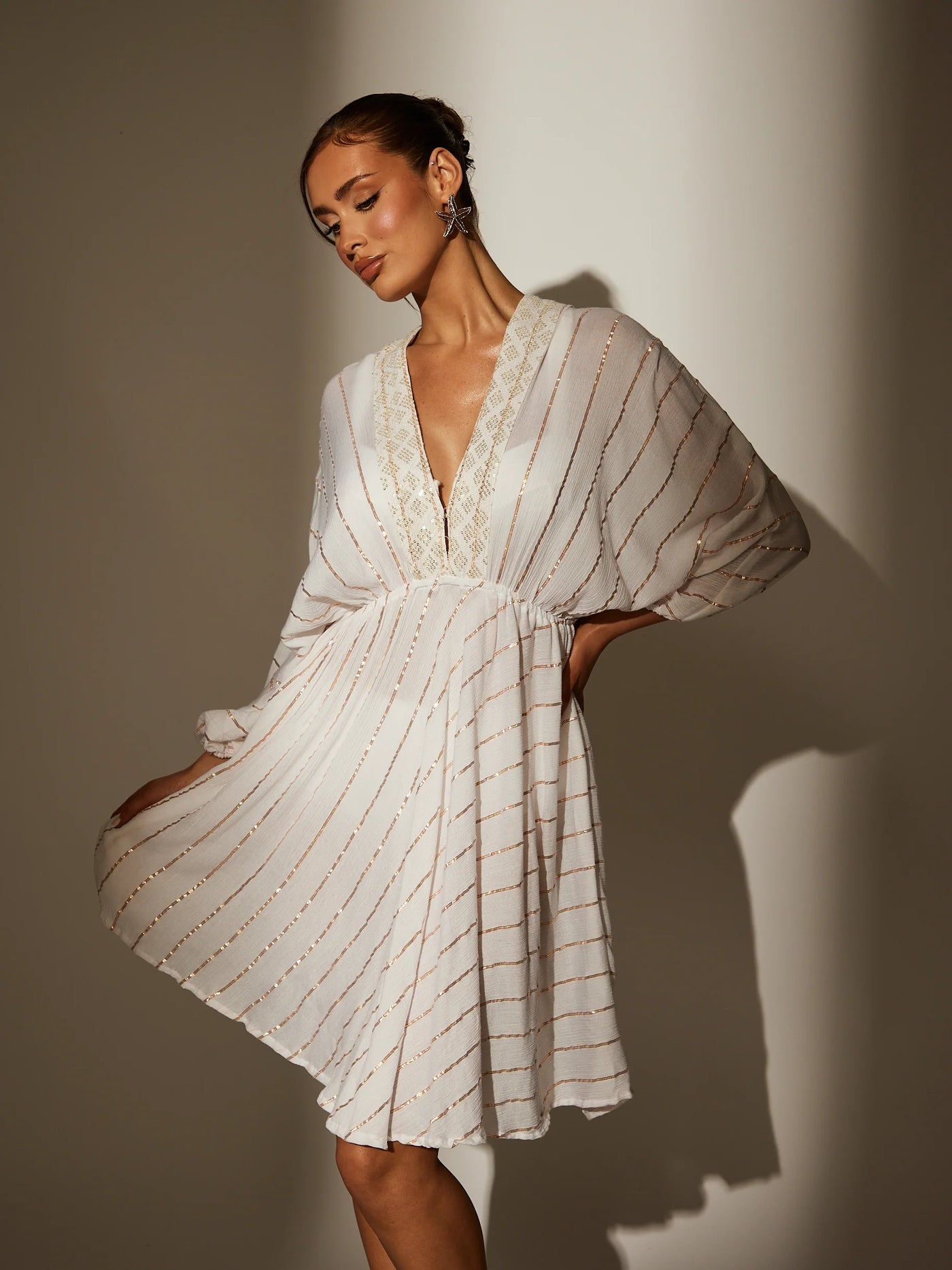White V Neck Sequin Metallic Stripe Mini Dress