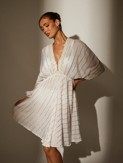 White V Neck Sequin Metallic Stripe Mini Dress