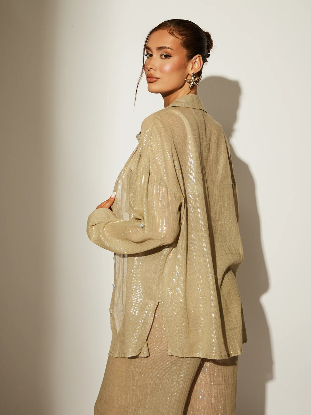 Khaki Metallic Cover Up Shirt-Pink Waters 