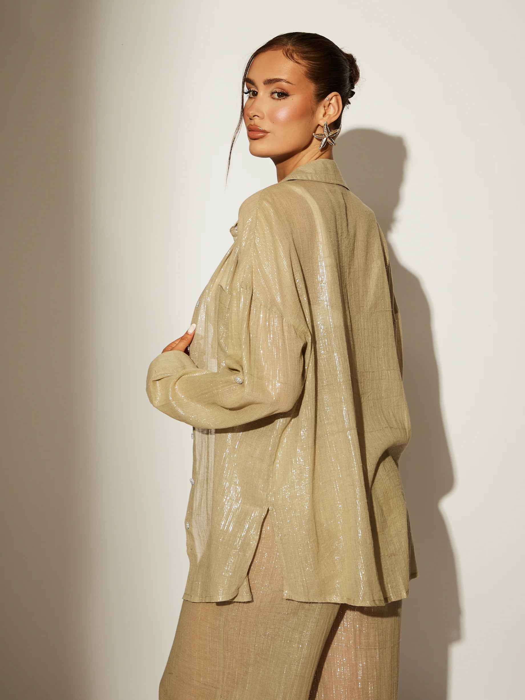 Khaki Metallic Cover Up Shirt-Pink Waters 