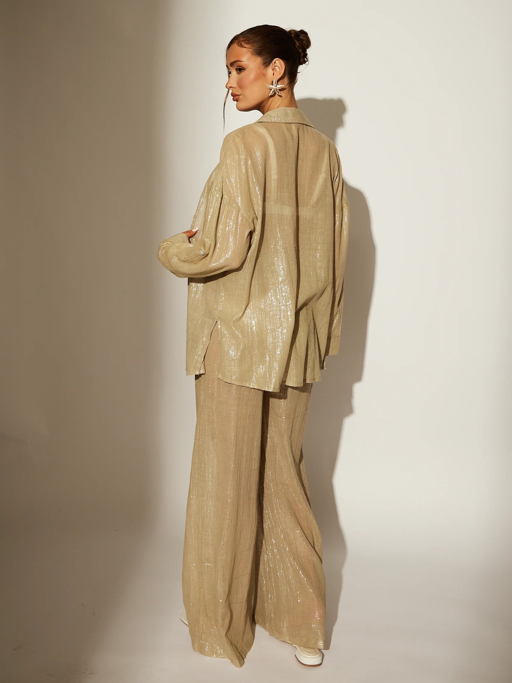 Khaki Metallic Cover Up Shirt-Pink Waters 