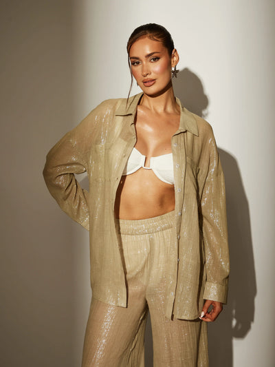 Khaki Metallic Cover Up Shirt