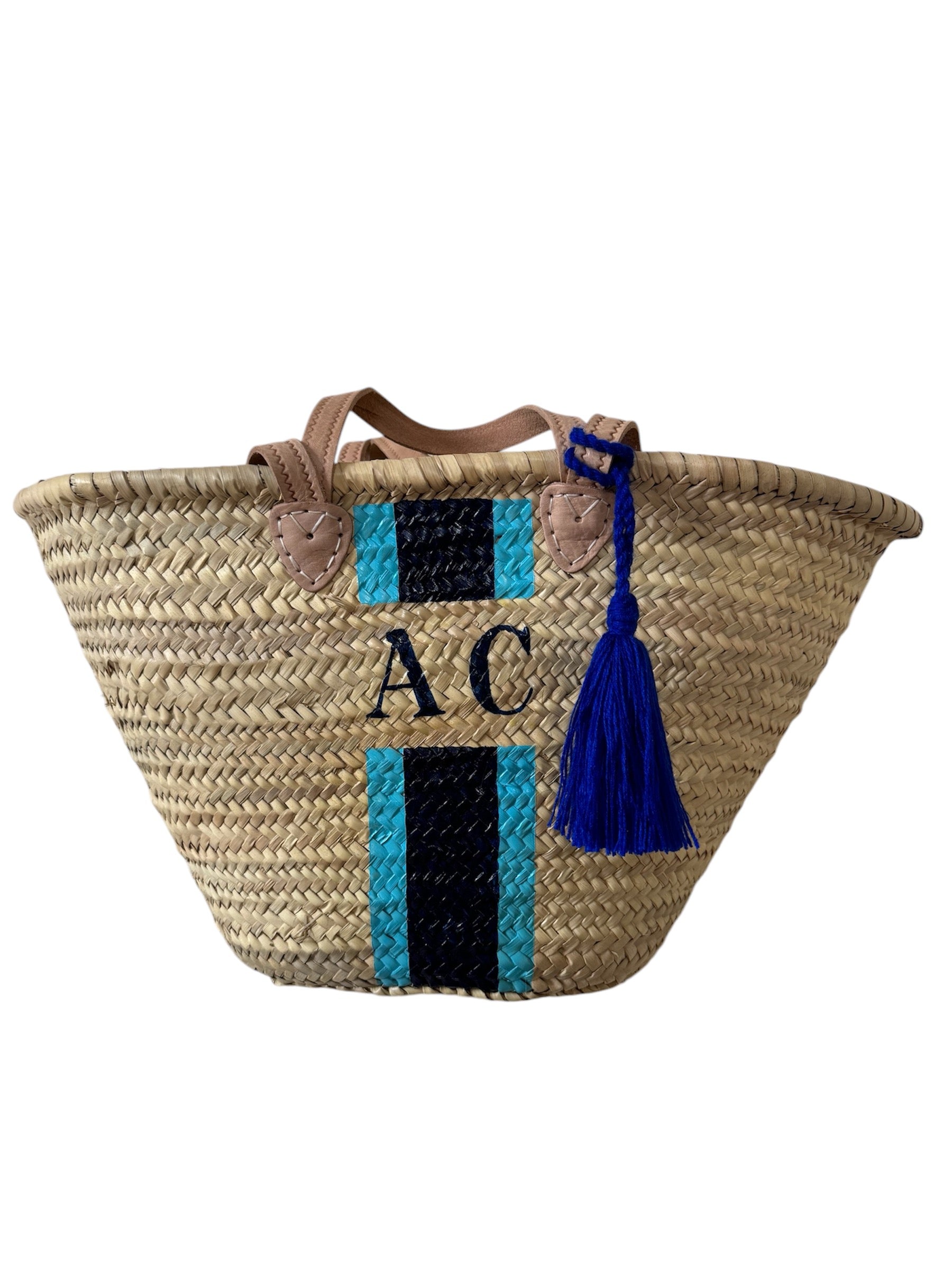 ST TROPEZ Monogrammed Double Handle Straw Basket-Pink Waters 