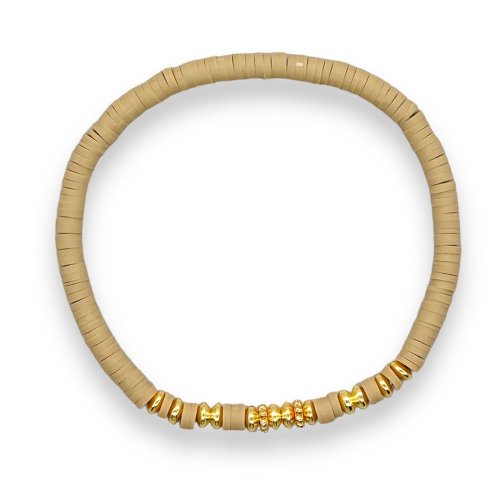 ‘Chora’ Heishi Bracelet with Gold Plated Beads -Beige-Pink Waters 