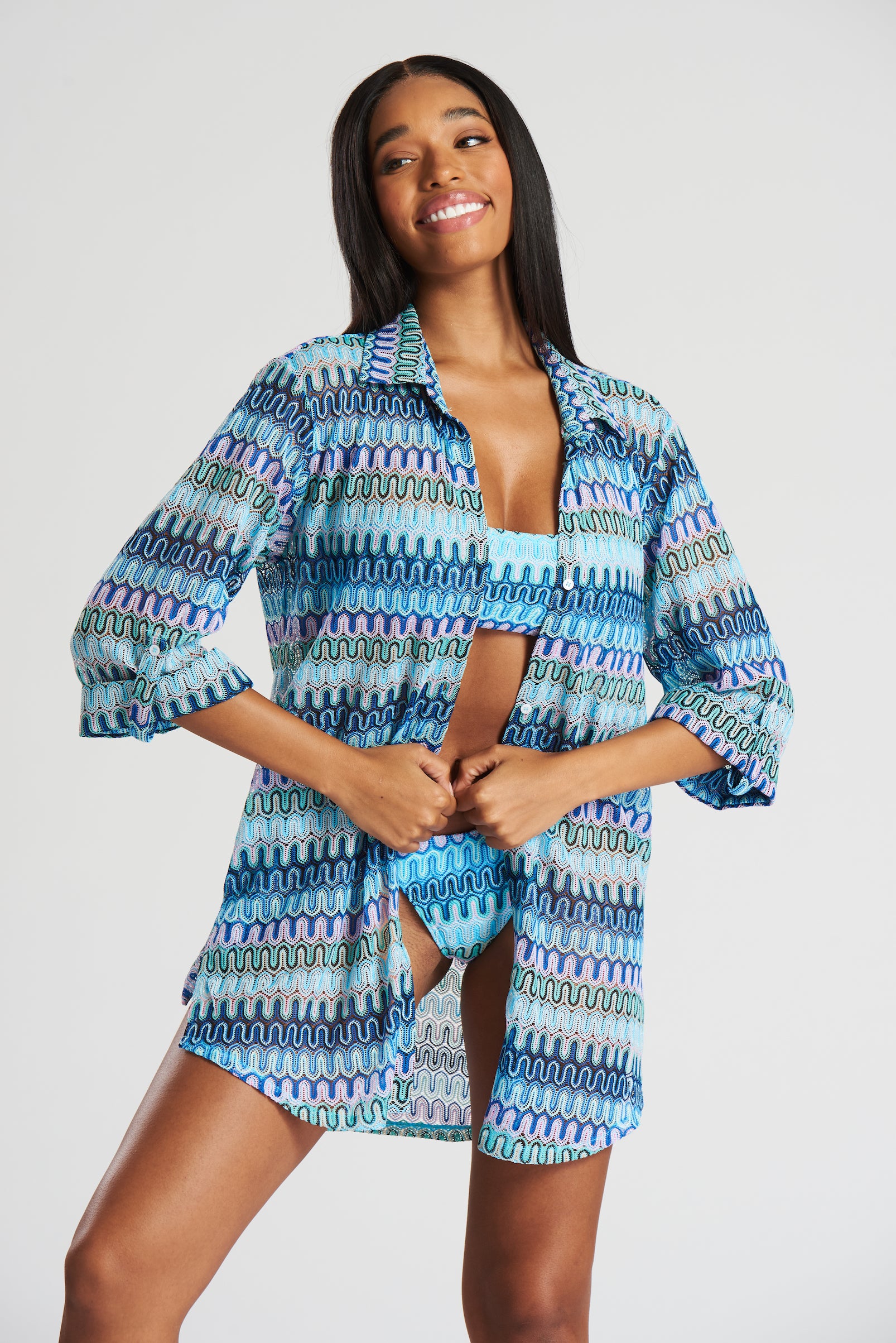 South Beach Crochet Shirt Beach Cover Up-Pink Waters 
