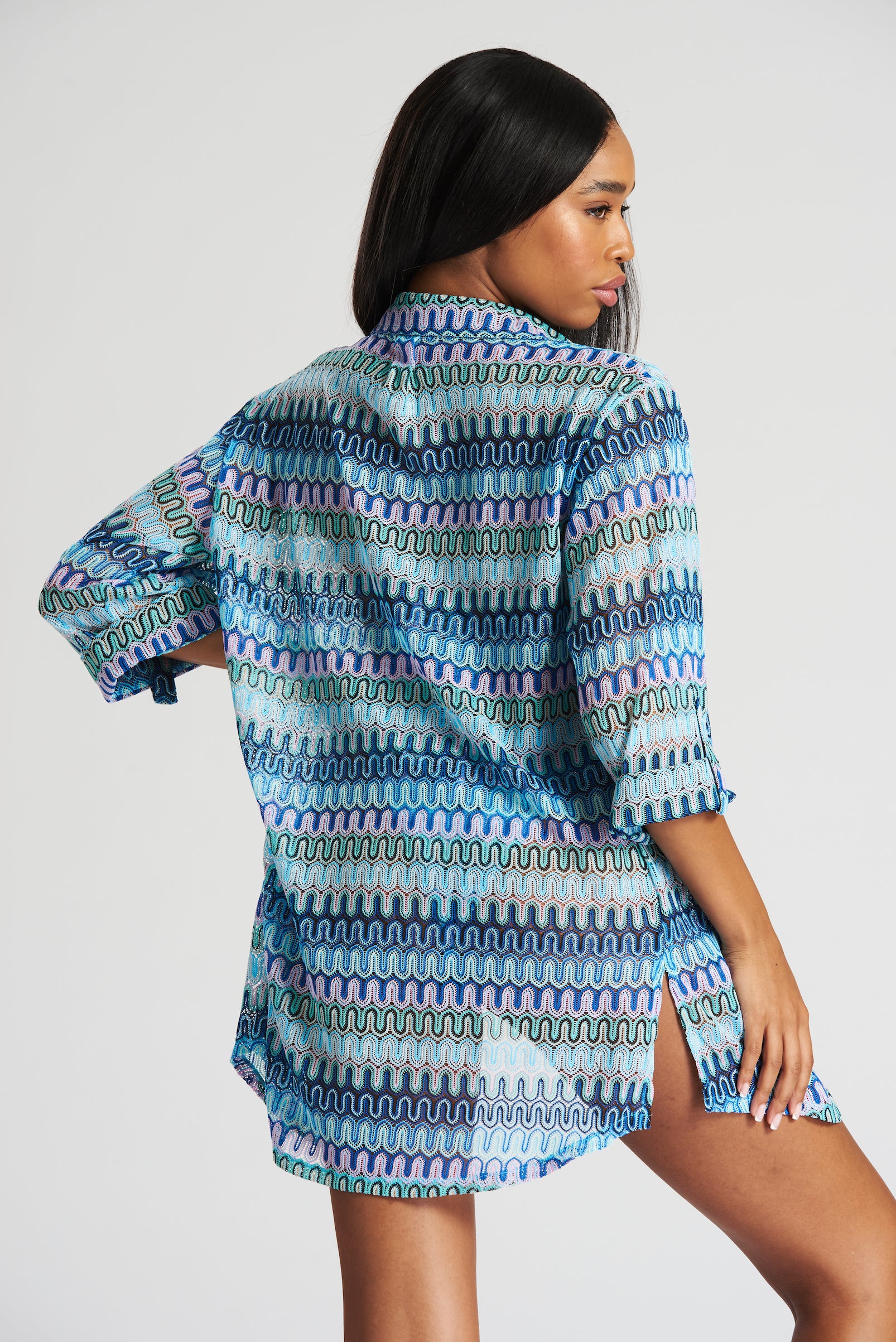 South Beach Crochet Shirt Beach Cover Up-Pink Waters 