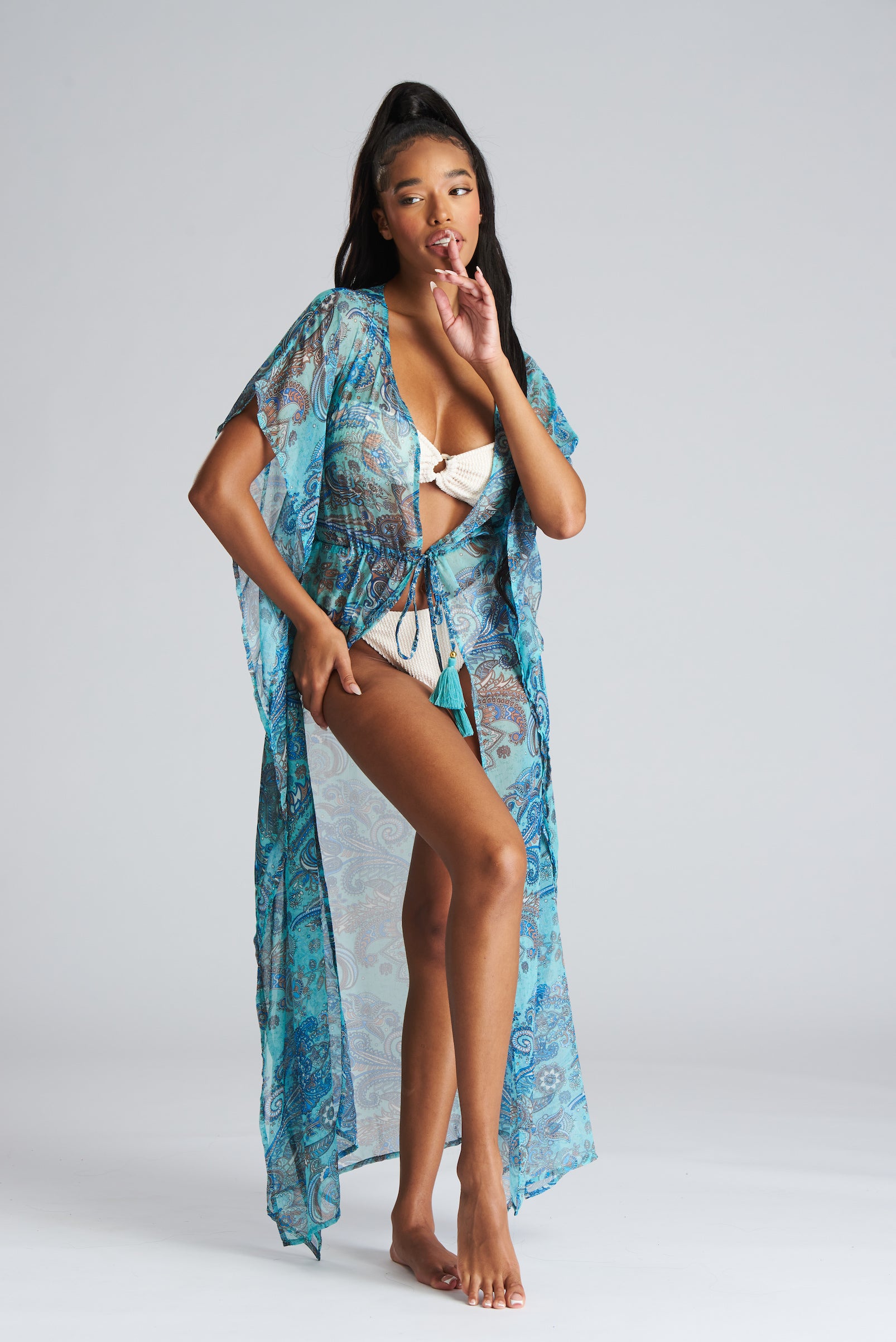 South Beach Paisley blue Chiffon Kaftan/Beach Cover Up-Pink Waters 