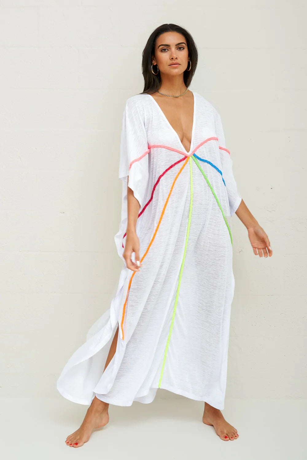 Pitusa Braided Front Kaftan - white-Pink Waters 