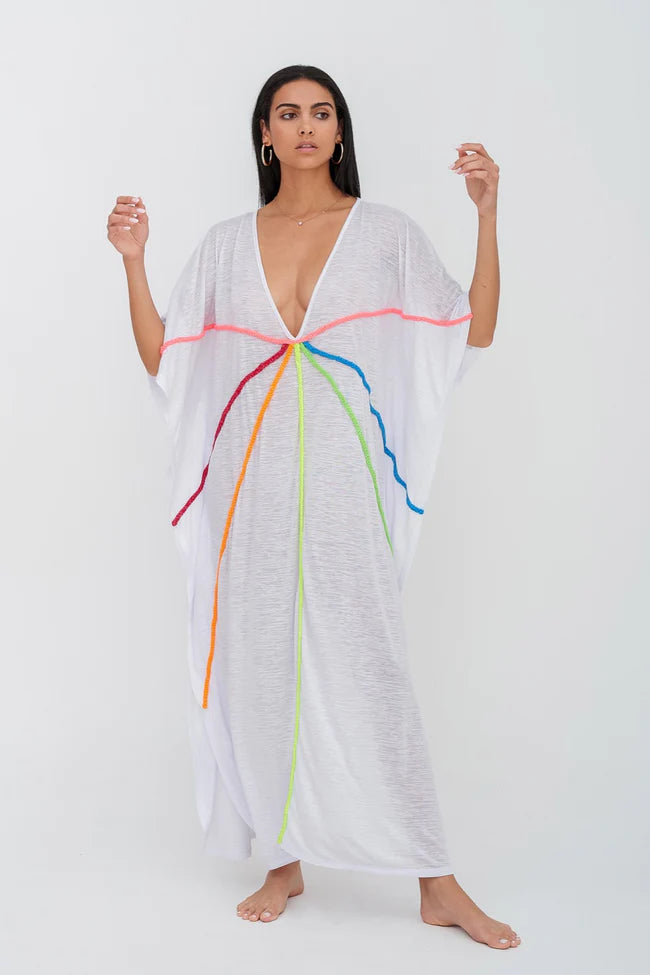 Pitusa Braided Front Kaftan - white-Pink Waters 
