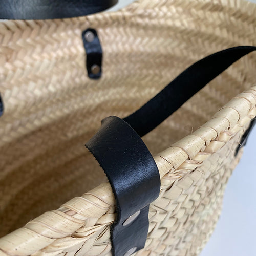 PORTALS Straw Basket with Short Black Handles-Pink Waters 