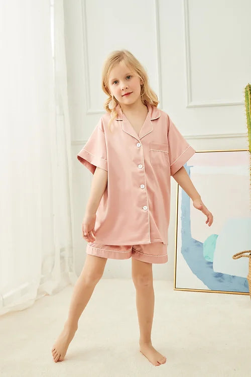 Kids Dusky Pink'Portia' Satin Pyjamas-Pink Waters 