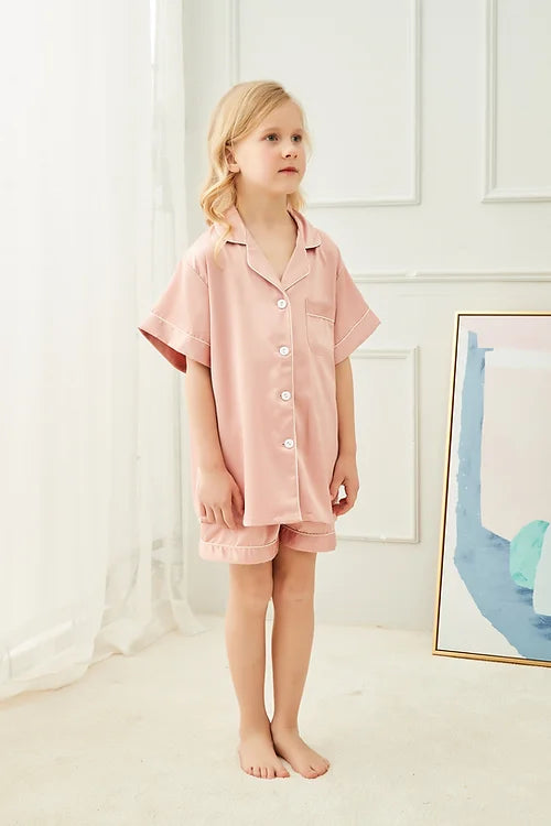 Kids Dusky Pink'Portia' Satin Pyjamas-Pink Waters 