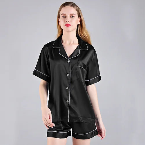 Black 'Portia' Satin Pyjamas-Pink Waters 