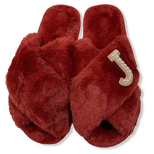 Fluffy Personalised Slippers - Burgundy - Pink Waters 