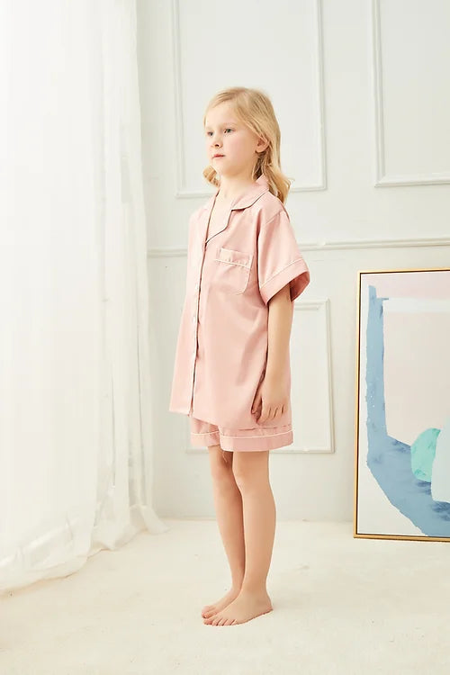 Kids Dusky Pink'Portia' Satin Pyjamas-Pink Waters 
