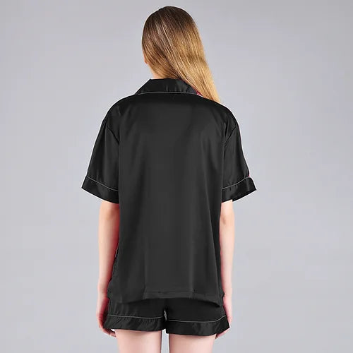 Black 'Portia' Satin Pyjamas-Pink Waters 