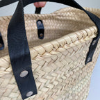 PORTALS Straw Basket with Short Black Handles-Pink Waters 