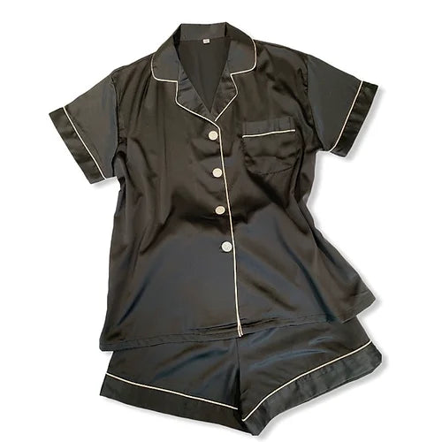 Black 'Portia' Satin Pyjamas-Pink Waters 