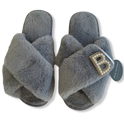 Fluffy Personalised Slippers - Grey - Pink Waters 