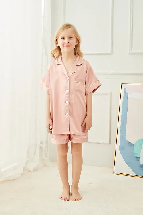 Kids Dusky Pink'Portia' Satin Pyjamas-Pink Waters 