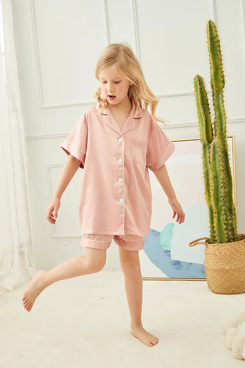 Kids Dusky Pink'Portia' Satin Pyjamas-Pink Waters 