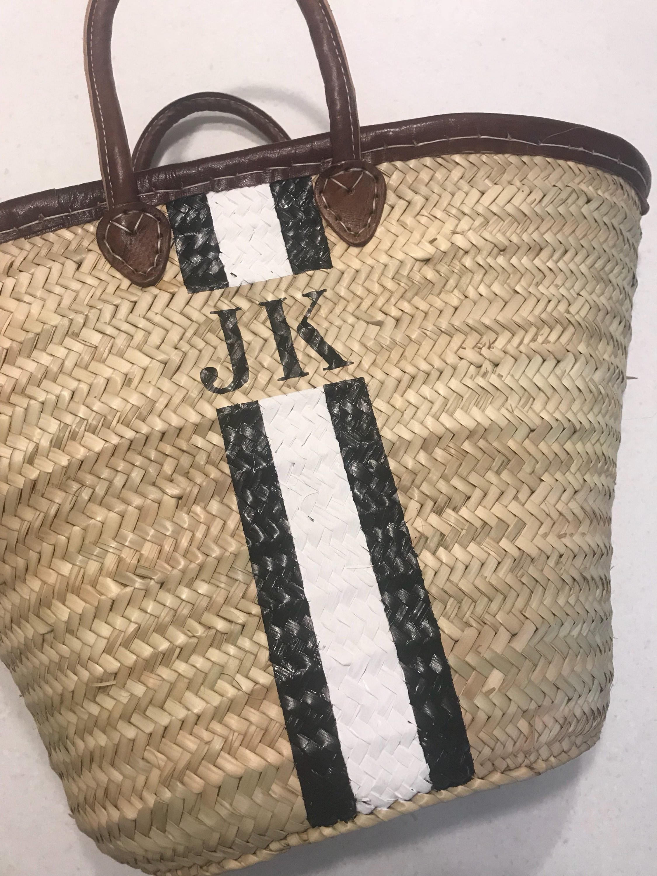 CANNES Monogrammed Straw Basket with Dark Leather Handles-Pink Waters 