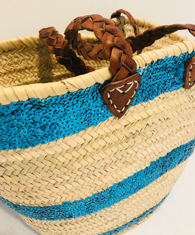 Stripe Sequin Straw Basket - Turquoise - Pink Waters 