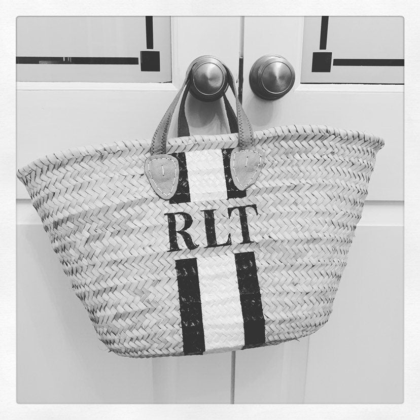 MAYA - Monogrammed Straw Basket-Pink Waters 