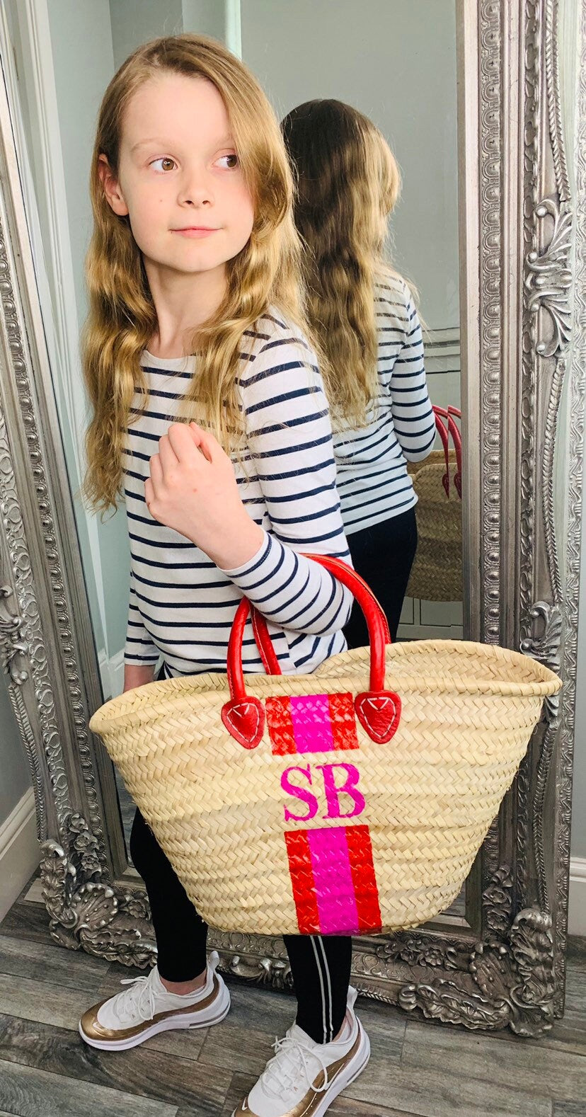 TWEEN - Monogrammed Straw Basket-Pink Waters 