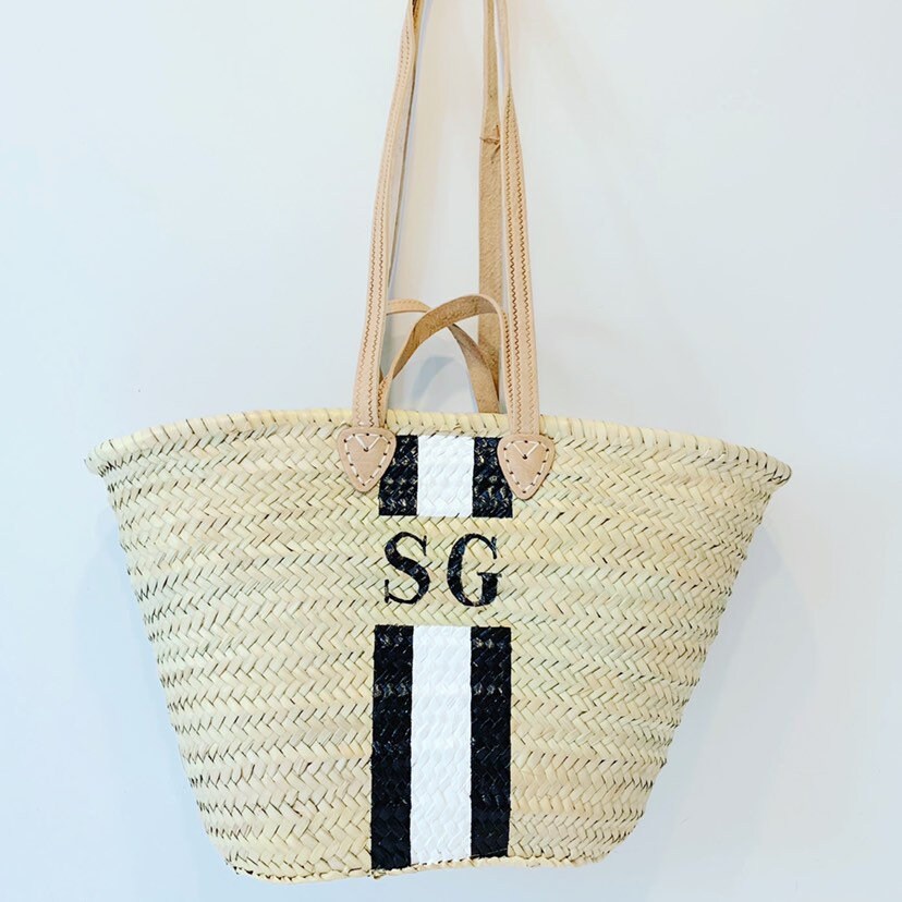 ST TROPEZ Monogrammed Double Handle Straw Basket-Pink Waters 