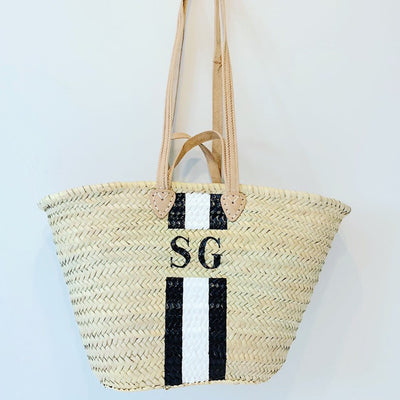 ST TROPEZ Monogrammed Double Handle Straw Basket - Pink Waters 
