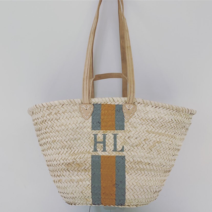 ST TROPEZ Monogrammed Double Handle Straw Basket-Pink Waters 