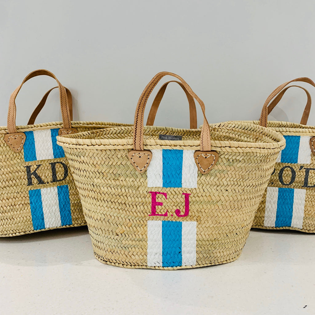 MAYA - Monogrammed Straw Basket-Pink Waters 