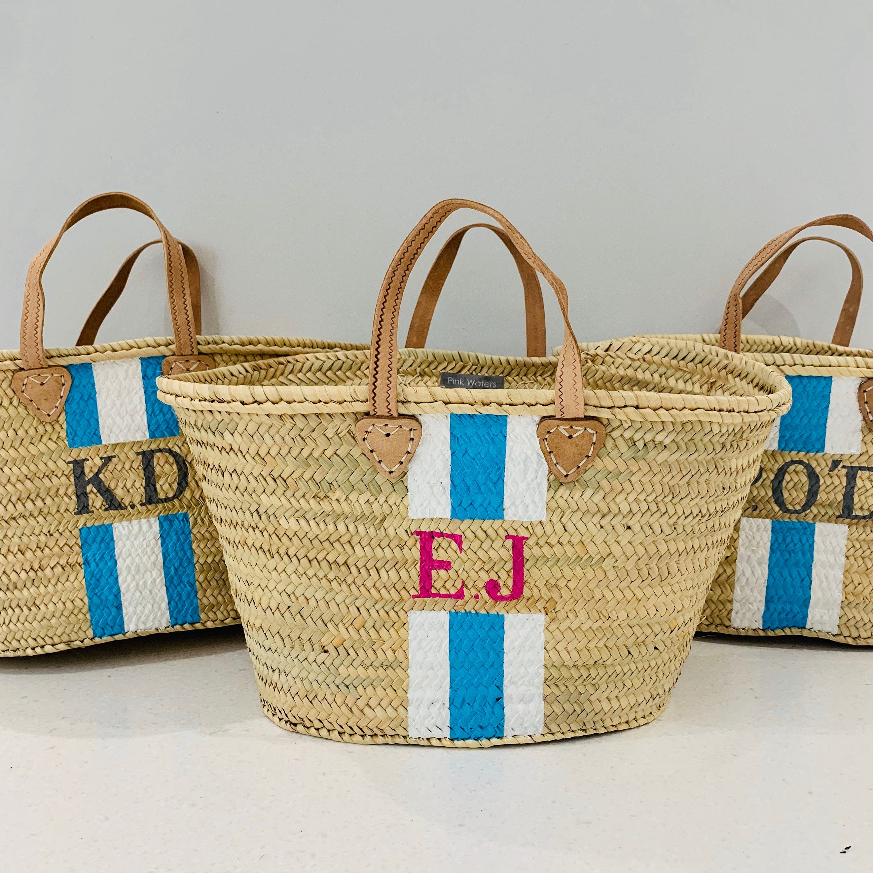 MAYA - Monogrammed Straw Basket-Pink Waters 