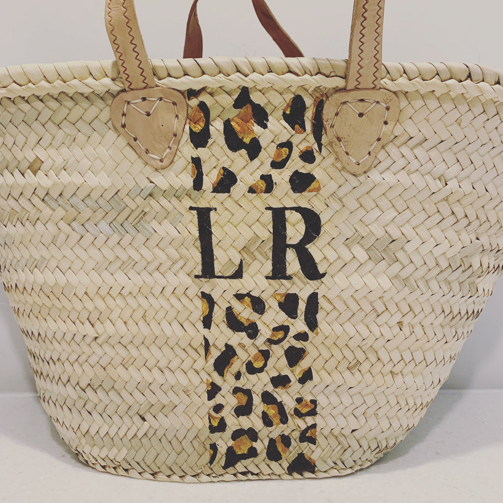 MAYA - Animal Print Monogrammed Straw Basket-Pink Waters 