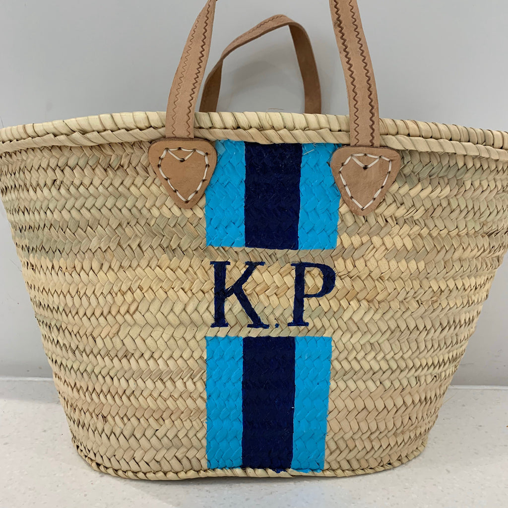 MAYA - Monogrammed Straw Basket-Pink Waters 