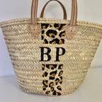 MAYA - Animal Print Monogrammed Straw Basket-Pink Waters 