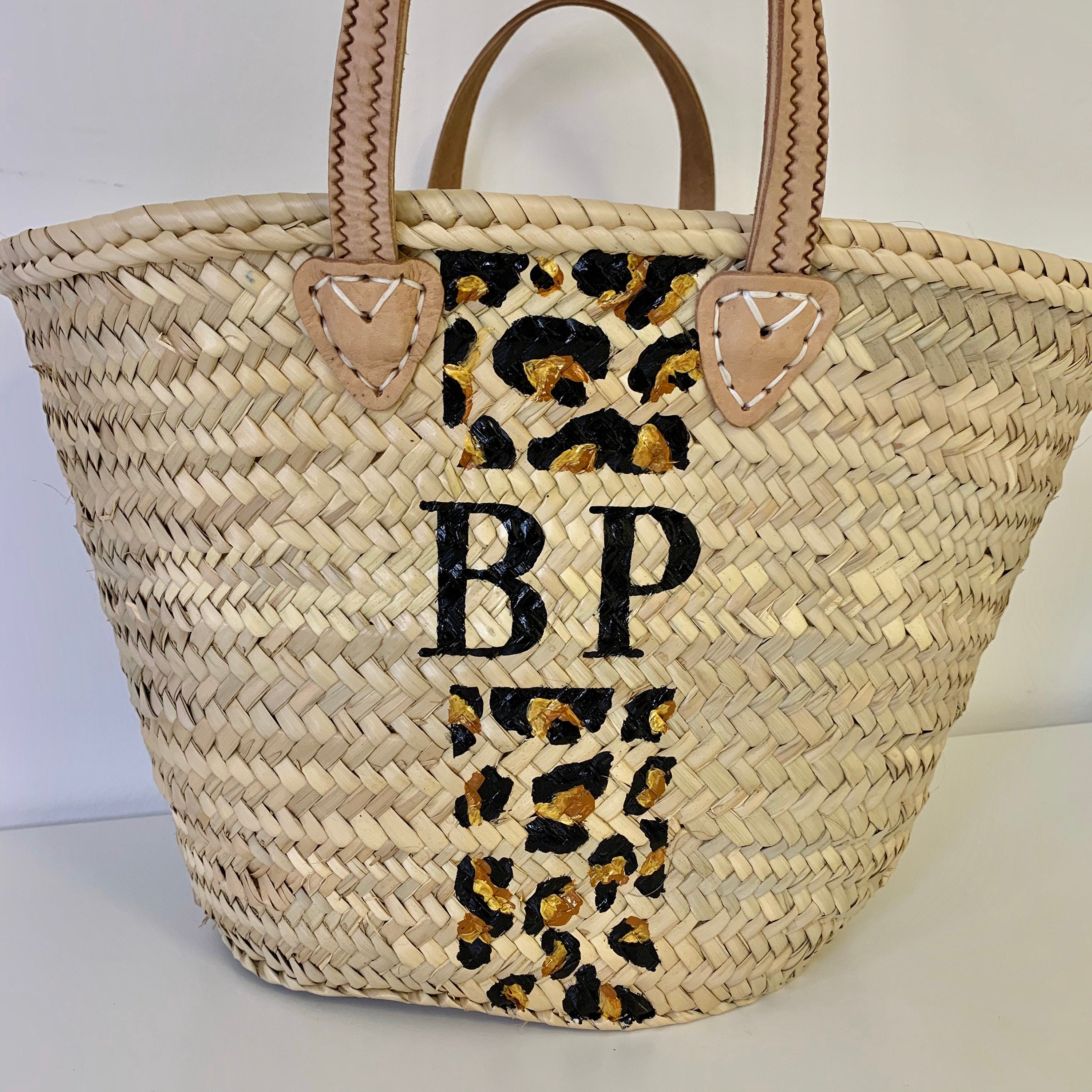 MAYA - Animal Print Monogrammed Straw Basket-Pink Waters 