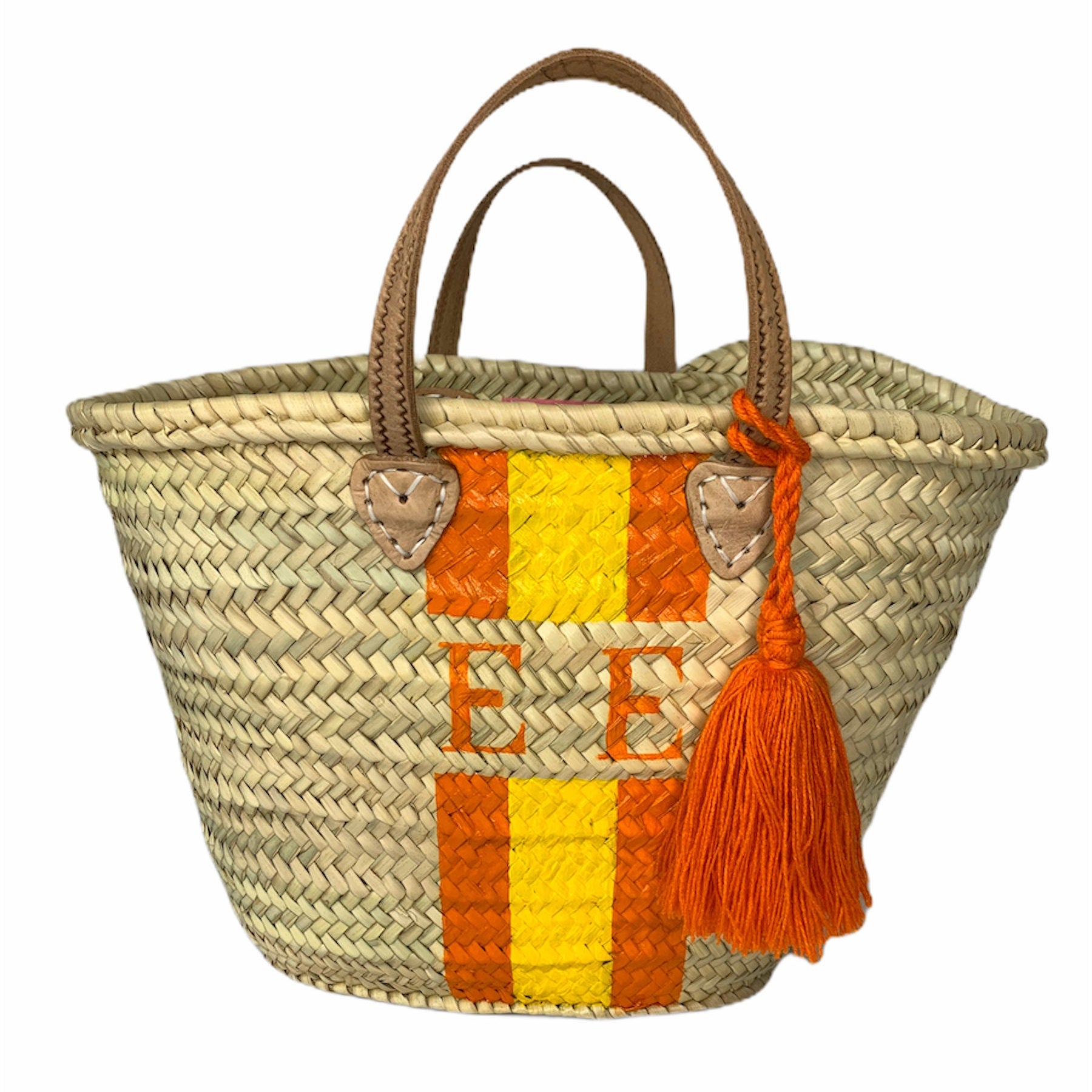 MAYA - Monogrammed Straw Basket-Pink Waters 