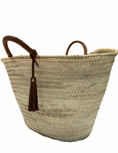 Straw 'Mykonos' Basket - Tan handles, fair-trade - Pink Waters 