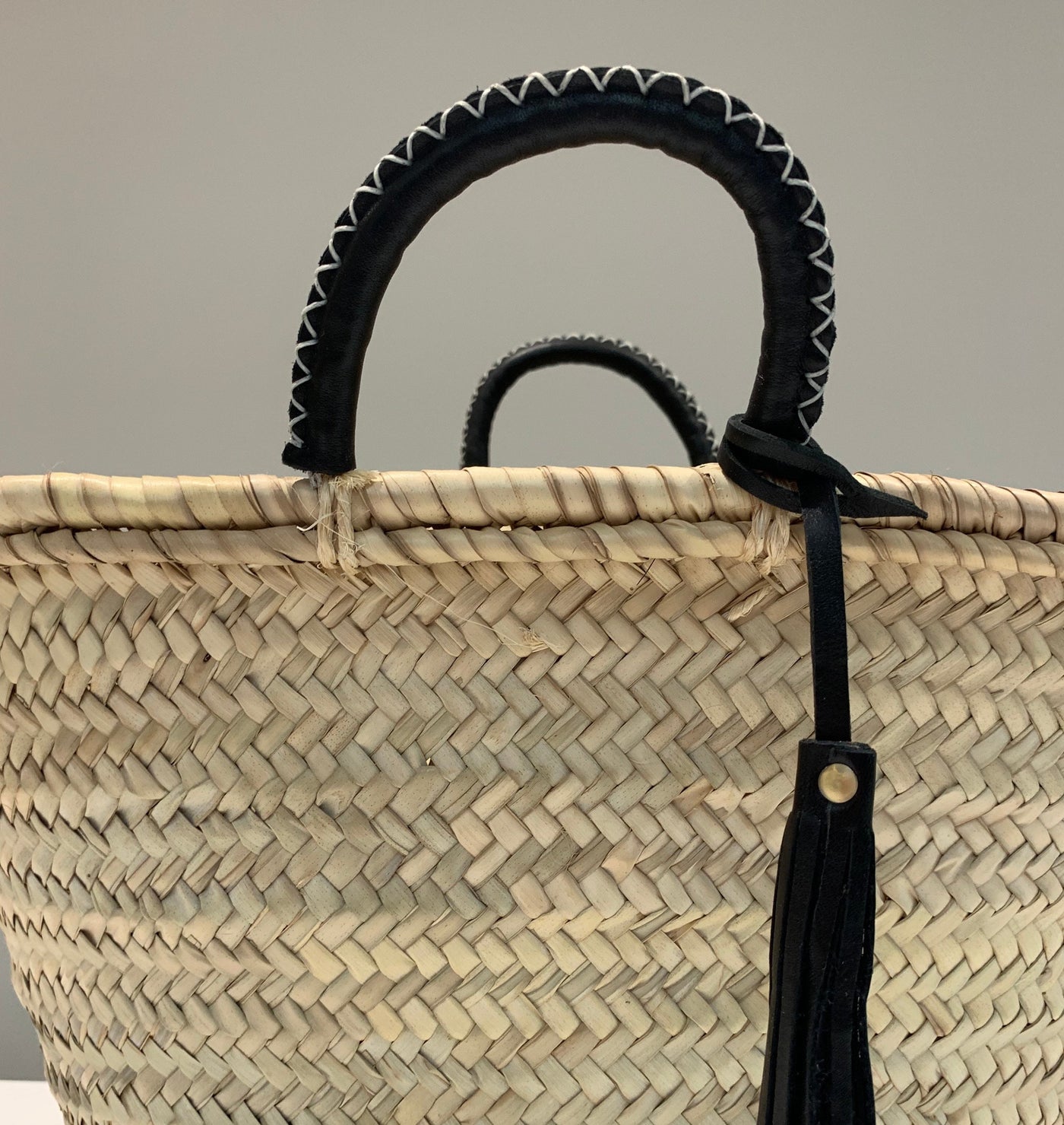 Straw 'Mykonos' Basket - Black Handles - Fairtrade - Pink Waters 