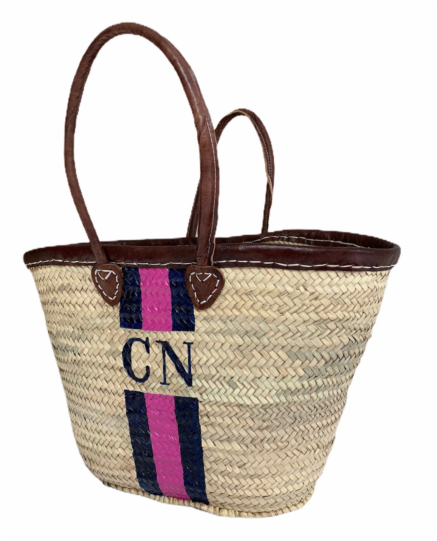 CANNES Monogrammed Straw Basket with Dark Leather Handles - Pink Waters 